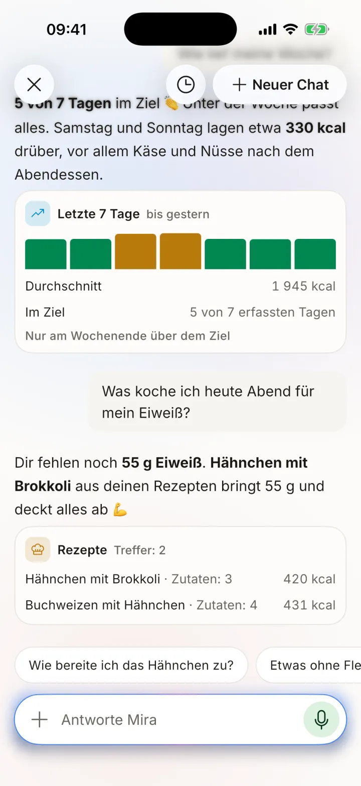 Chatten Sie mit Mira und schlagen Sie drei proteinreiche Abendessen vor