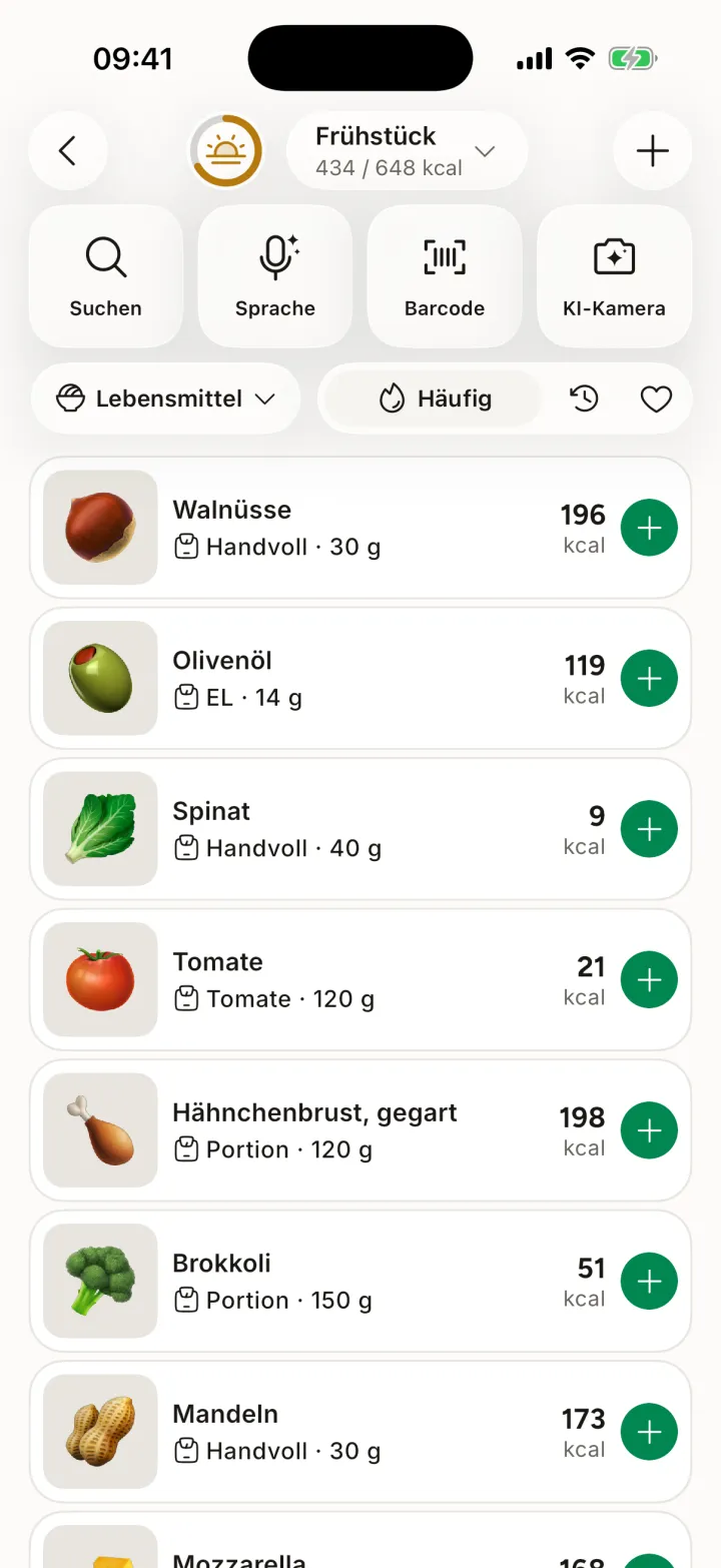 Lebensmittelsuchbildschirm mit häufigen Lebensmitteln