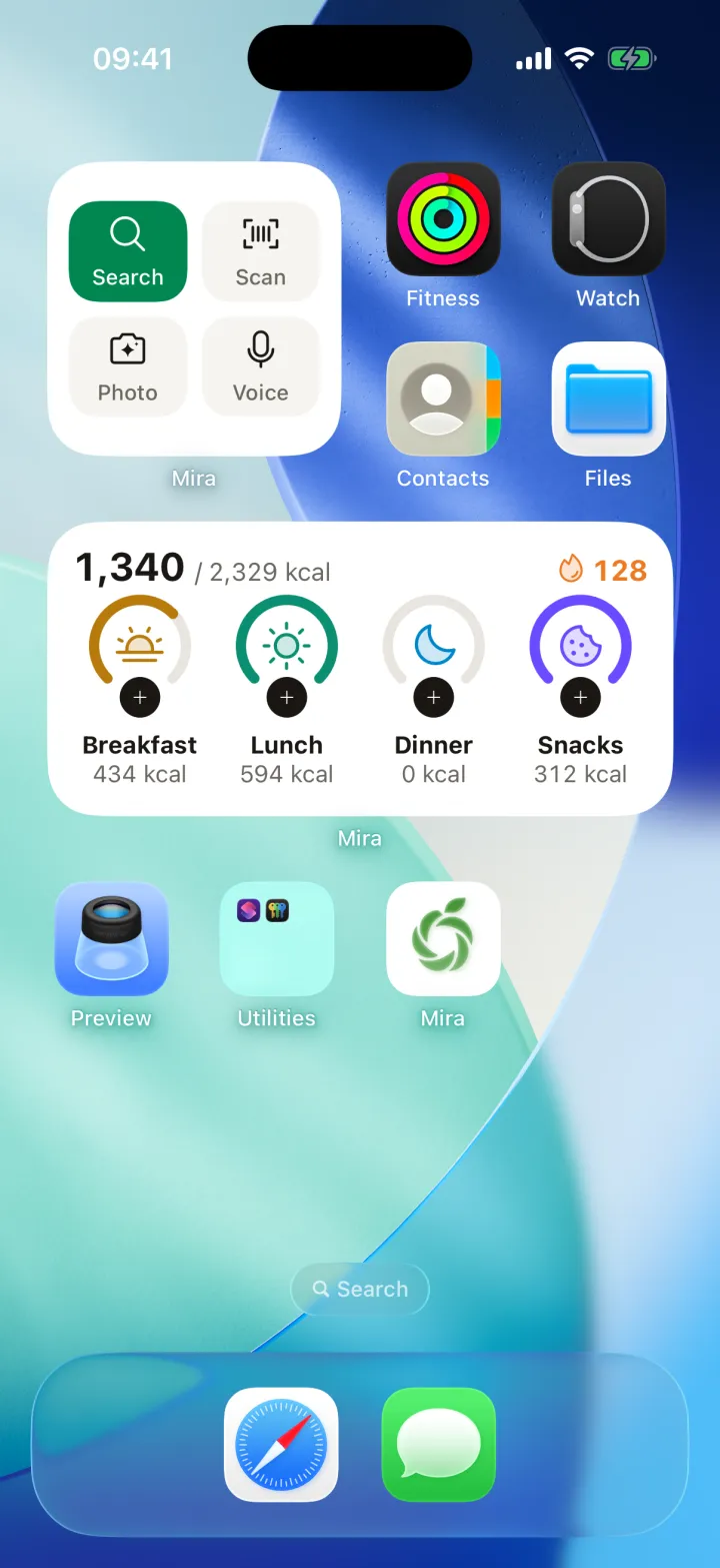 A Mira widget on the Home Screen: 1,340 of 2,329 kcal and the four meals