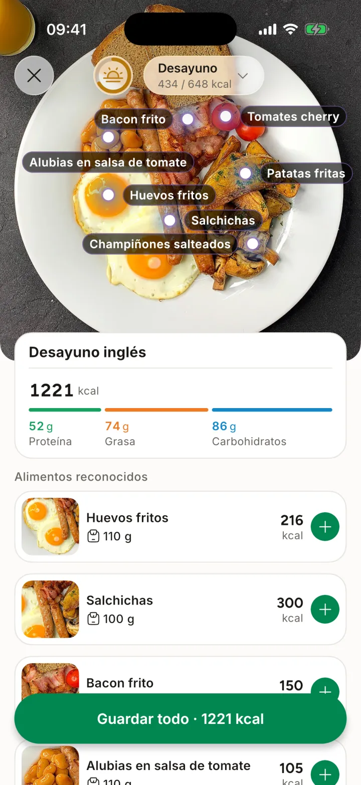 Resultado de una foto en Mira: alimentos del desayuno por separado con calorías estimadas