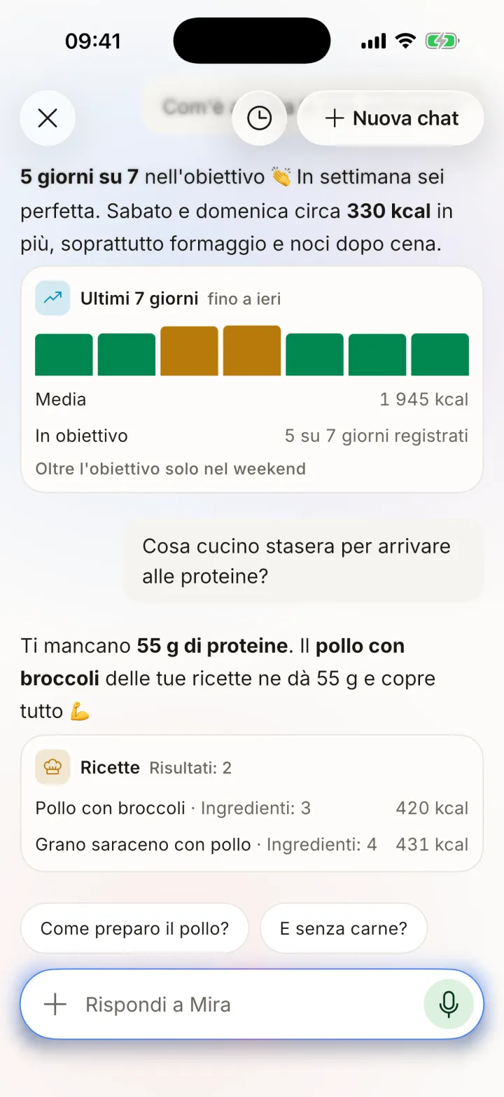 Chatta con Mira suggerendo tre cene iperproteiche