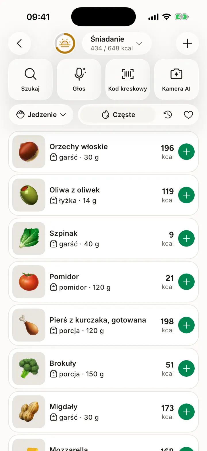 Ekran wyszukiwania jedzenia z częstymi potrawami