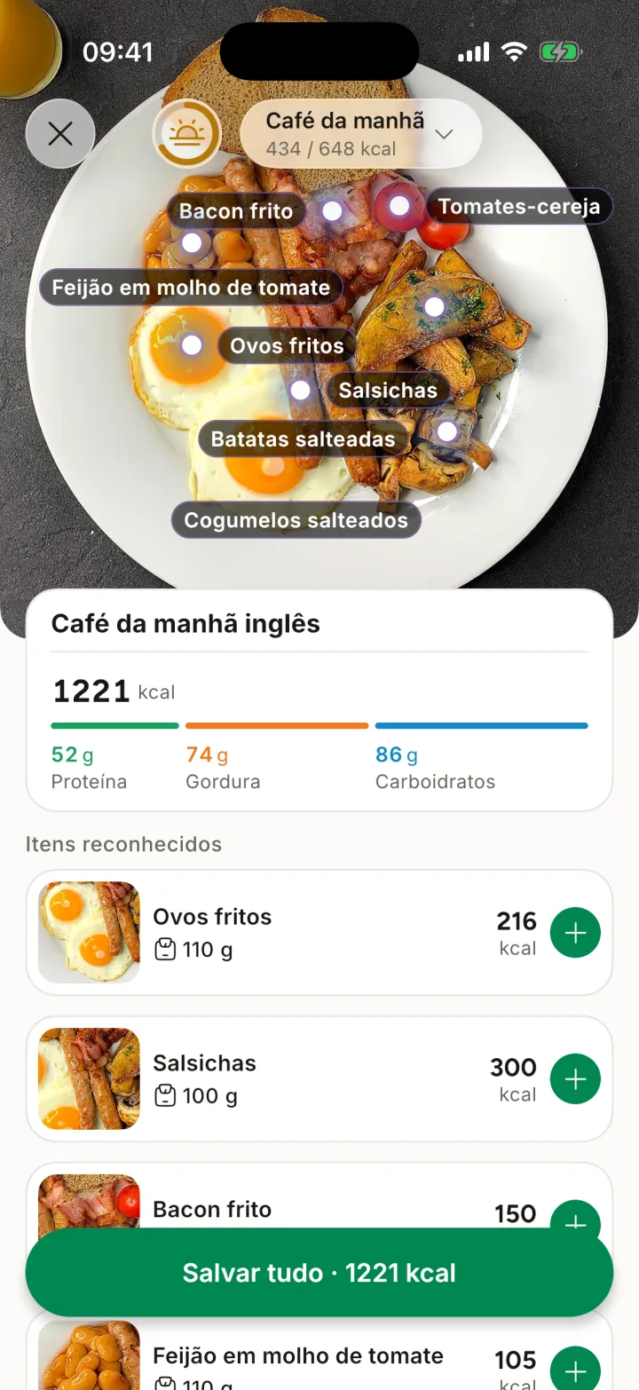 Resultado da foto no Mira: alimentos do café da manhã separados, com calorias estimadas