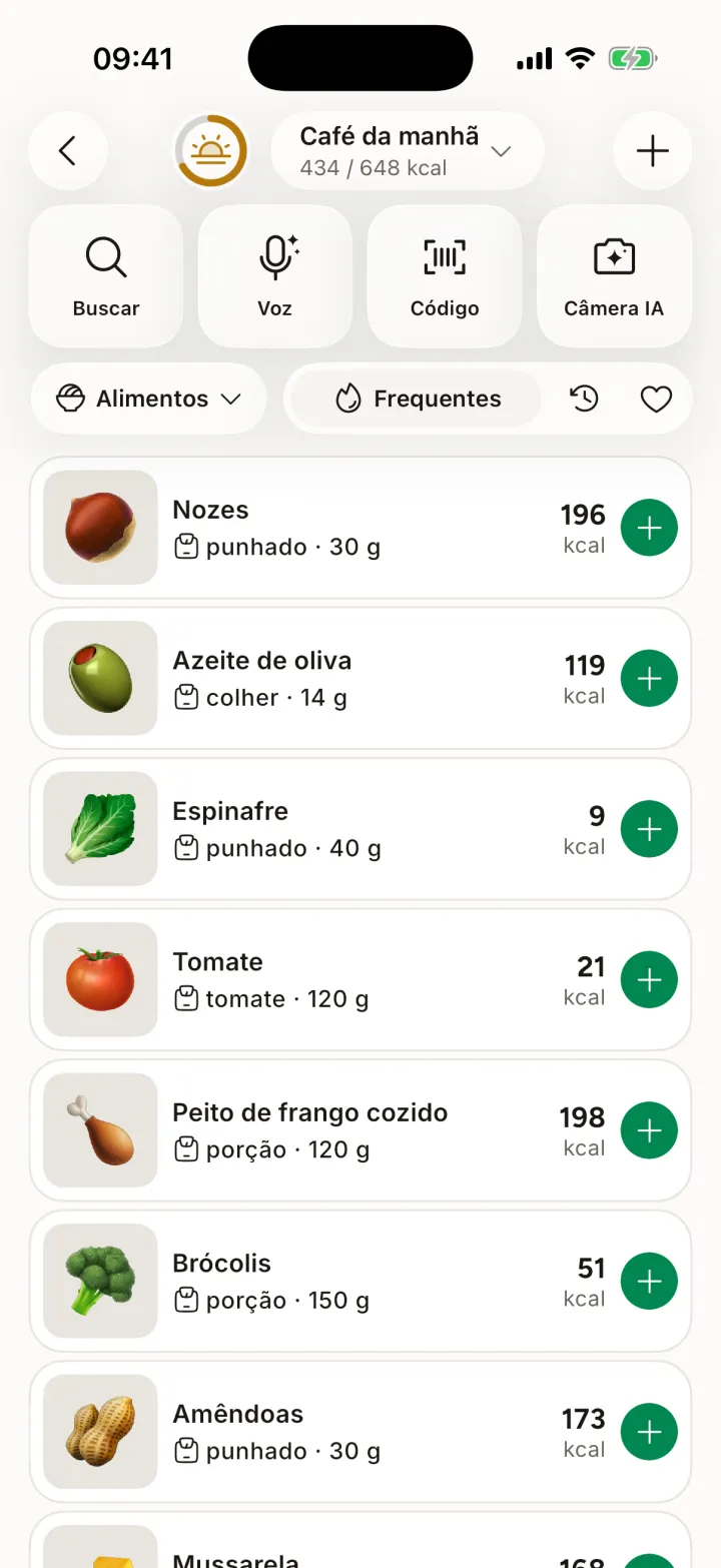 Tela de busca de alimentos com alimentos frequentes