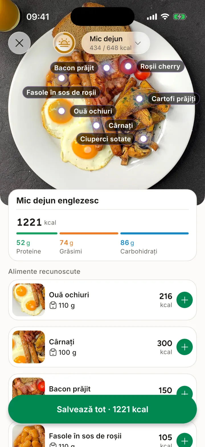 Rezultatul fotografiei în Mira: alimentele de la micul dejun separat, cu calorii estimate