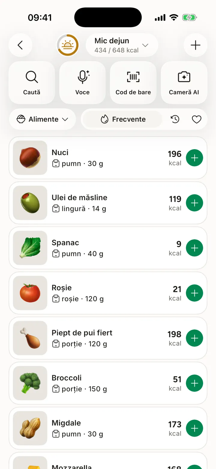 Ecran de căutare a alimentelor cu alimente frecvente